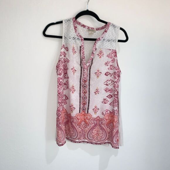 Lucky brand red ad white crotchet paisley print tank top size medium - Picture 1 of 9